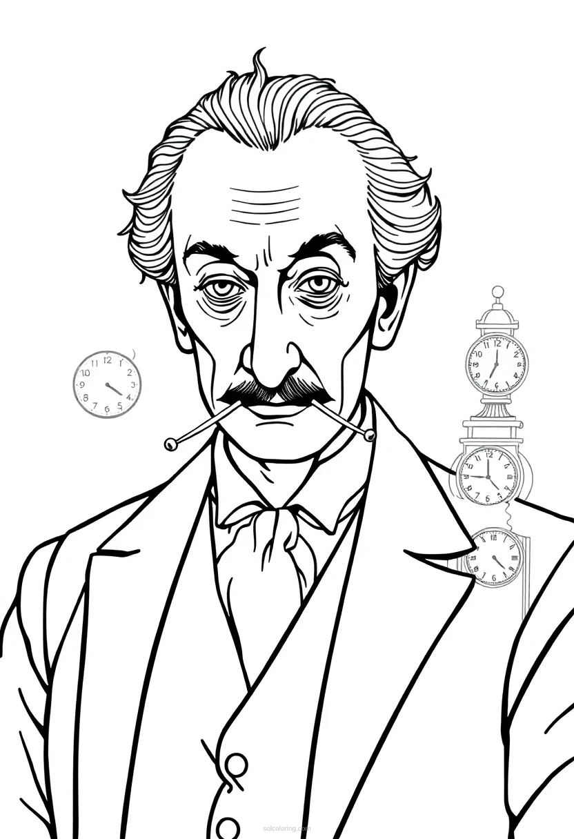 Salvador Dali with Melting Clocks coloring page for kids