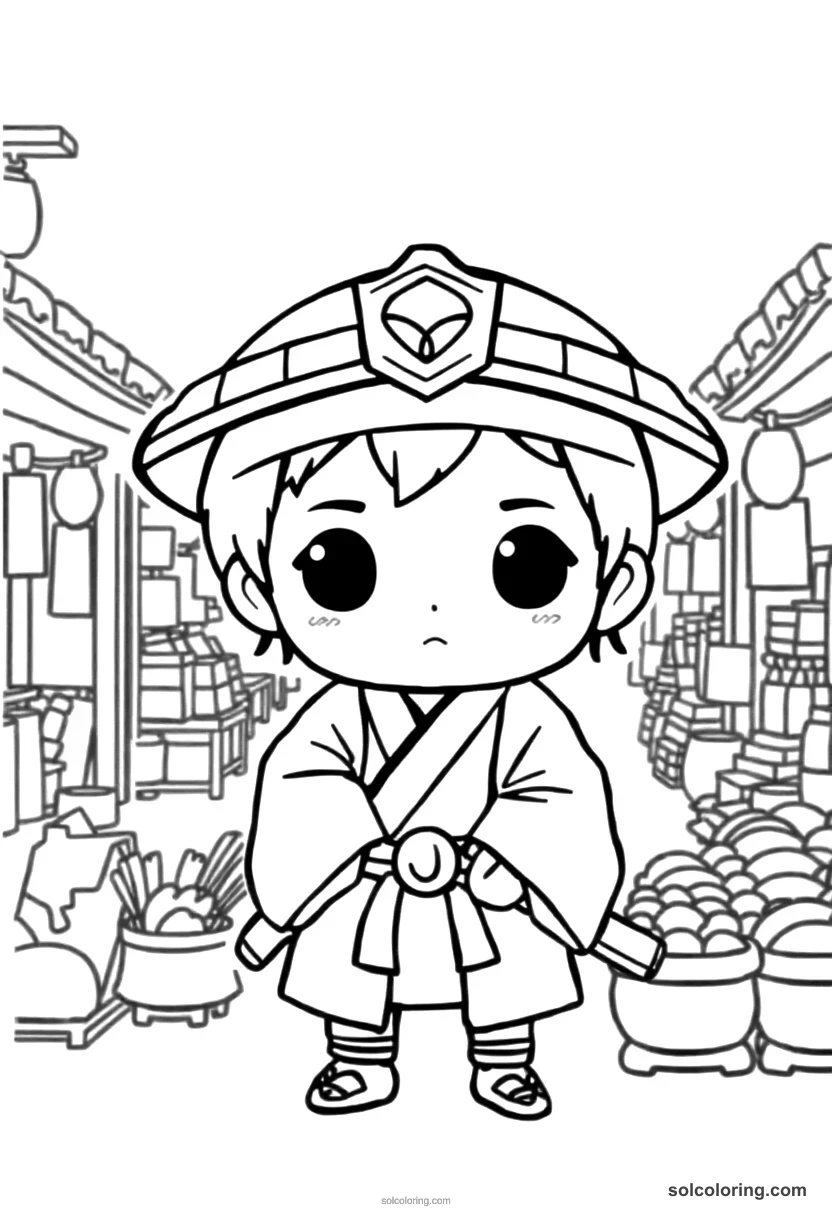Chibi Samurai Edo Period Town Market chibi coloring page for kids
