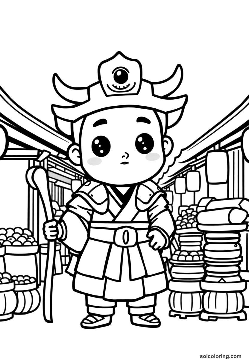 Cute Cartoon Samurai Edo Period Town Market coloring page, free printable cute cartoon style