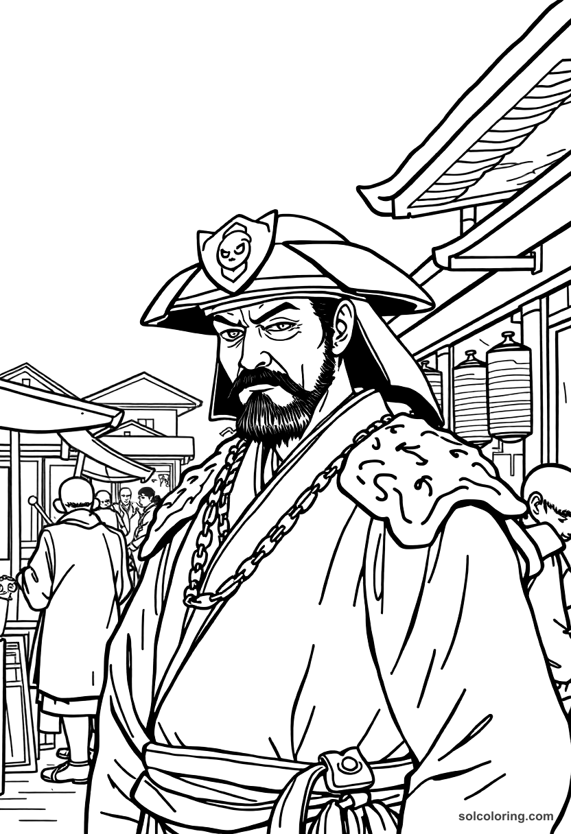 Samurai Edo Period Town Market coloring page, free printable detailed style