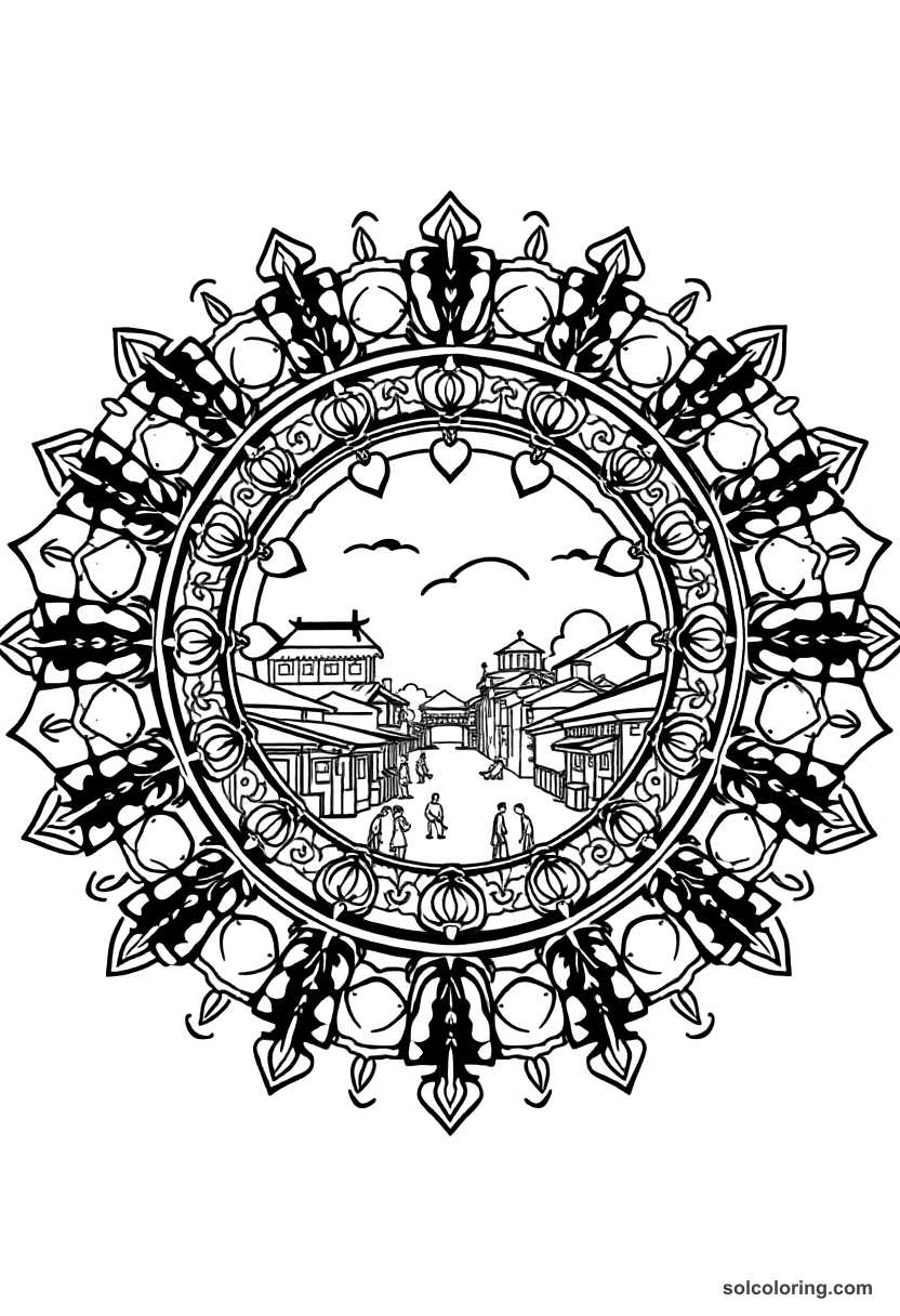 Mandala Samurai Edo Period Town Market coloring page, free printable mandala style