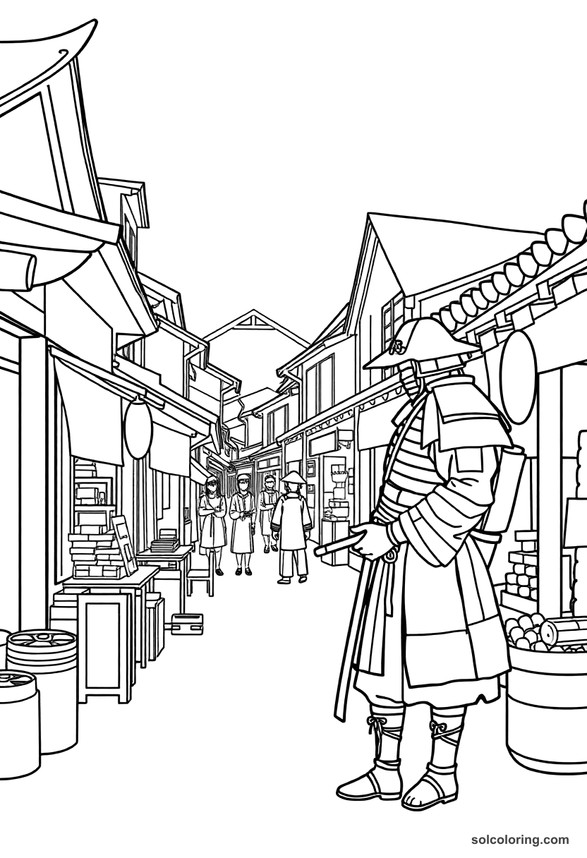 Simple Samurai Edo Period Town Market coloring page, free printable simple style