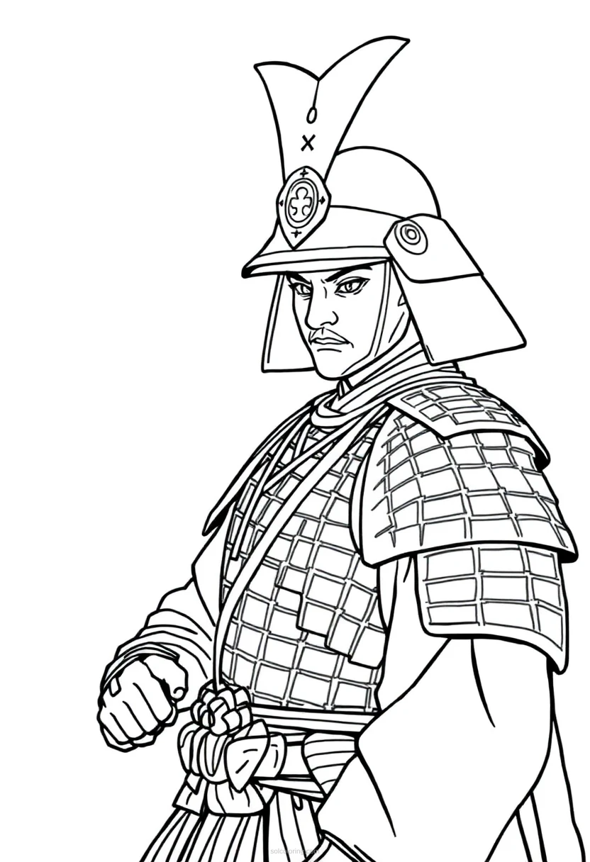 Samurai Warrior in Traditional Armor coloring page for kids