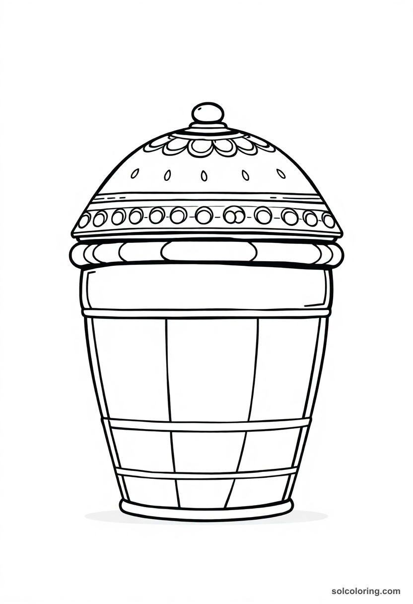 Cute cartoon sarcophagus coloring page with decorative painted lid, hieroglyphics, and bold outlines for kids