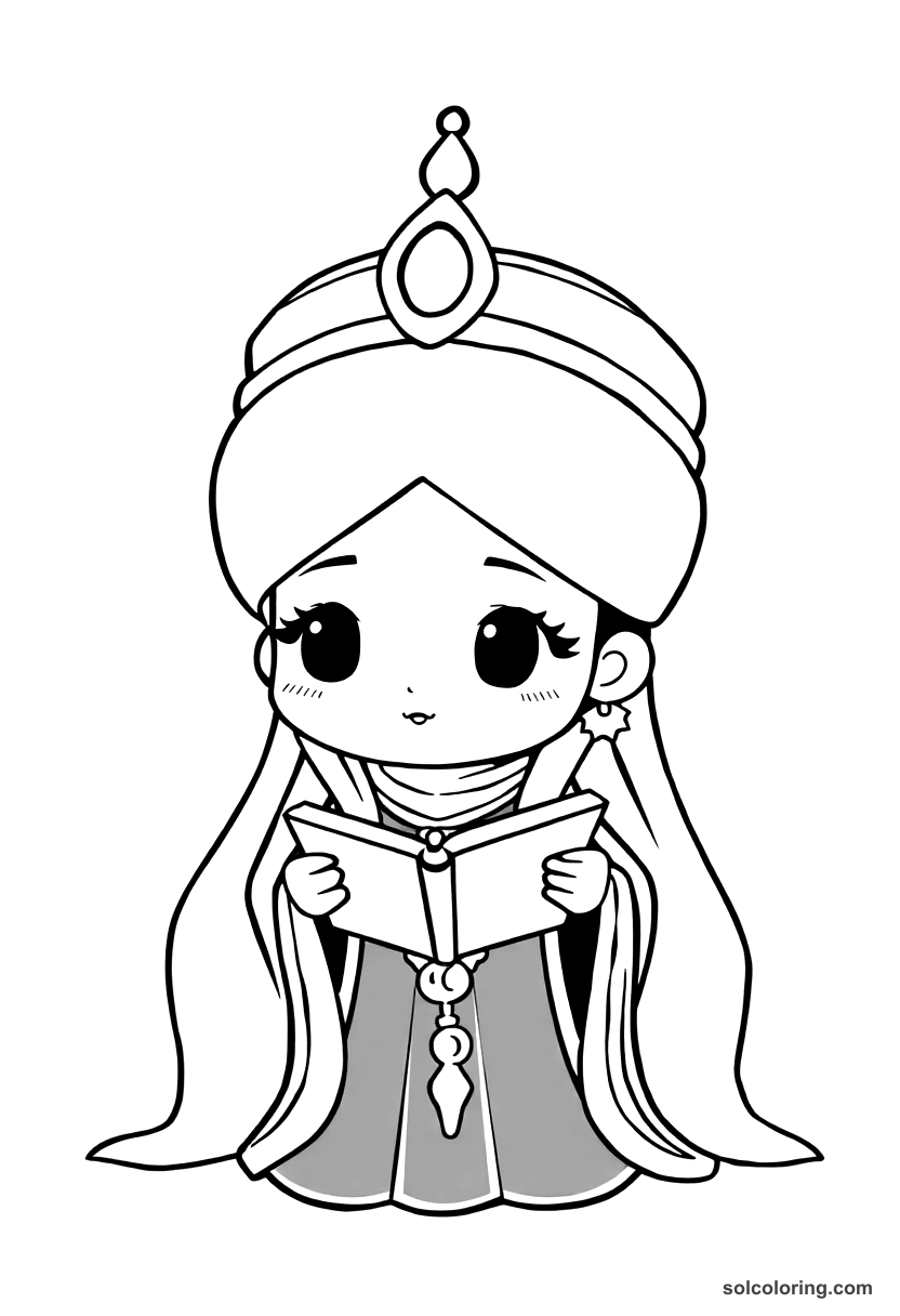 Chibi Scheherazade telling stories to King Shahryar coloring page, free printable chibi style