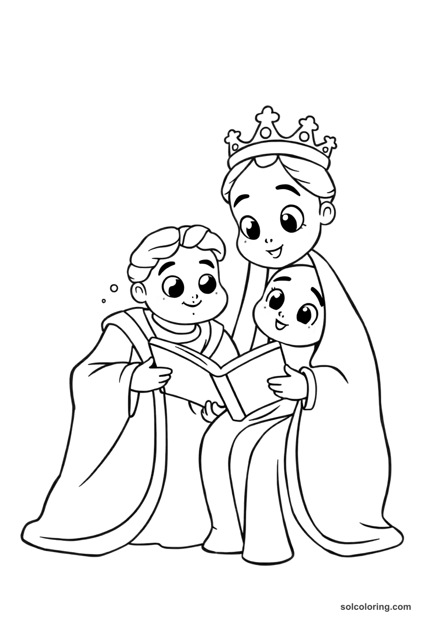 Cute Cartoon Scheherazade telling stories to King Shahryar coloring page, free printable cute cartoon style