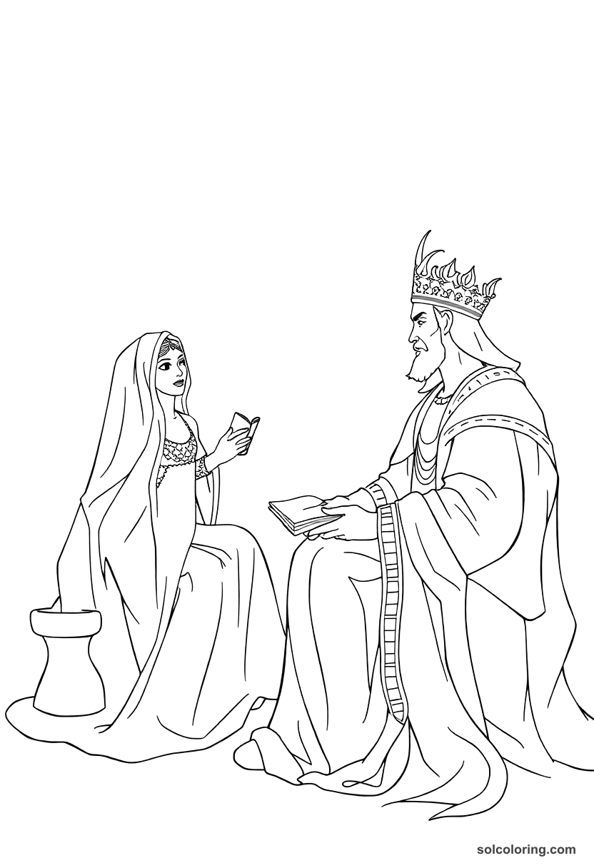Scheherazade telling stories to King Shahryar coloring page, free printable detailed style