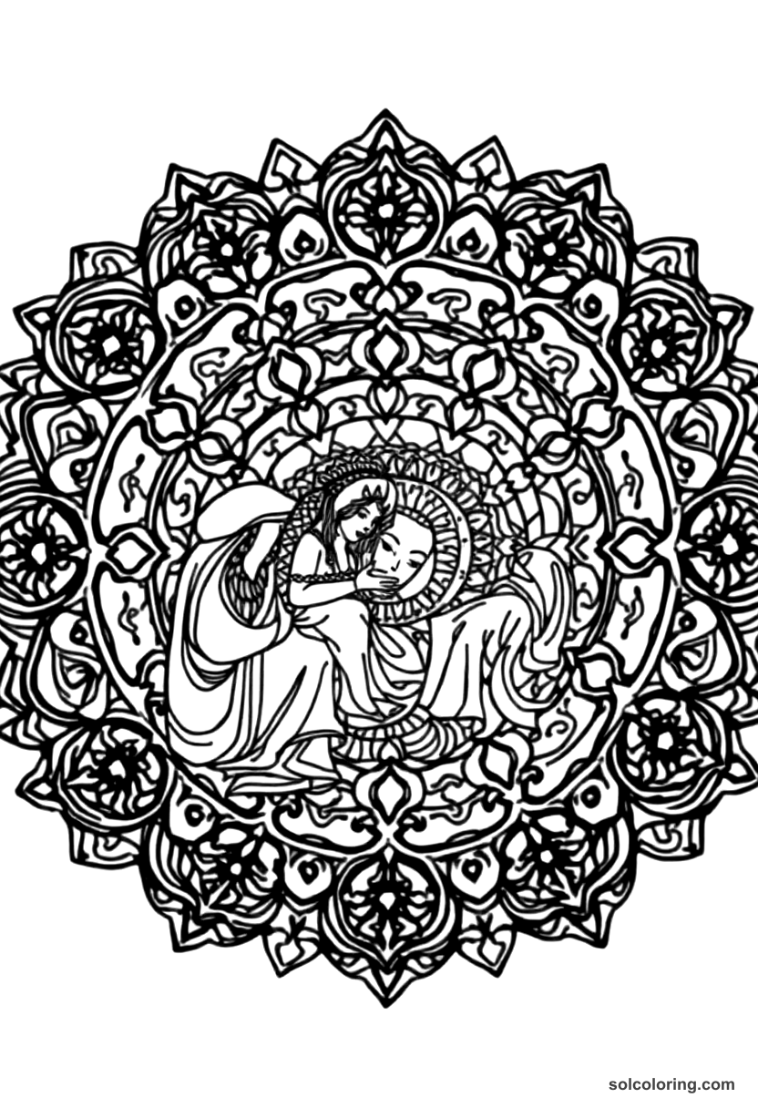 Mandala Scheherazade telling stories to King Shahryar coloring page, free printable mandala style