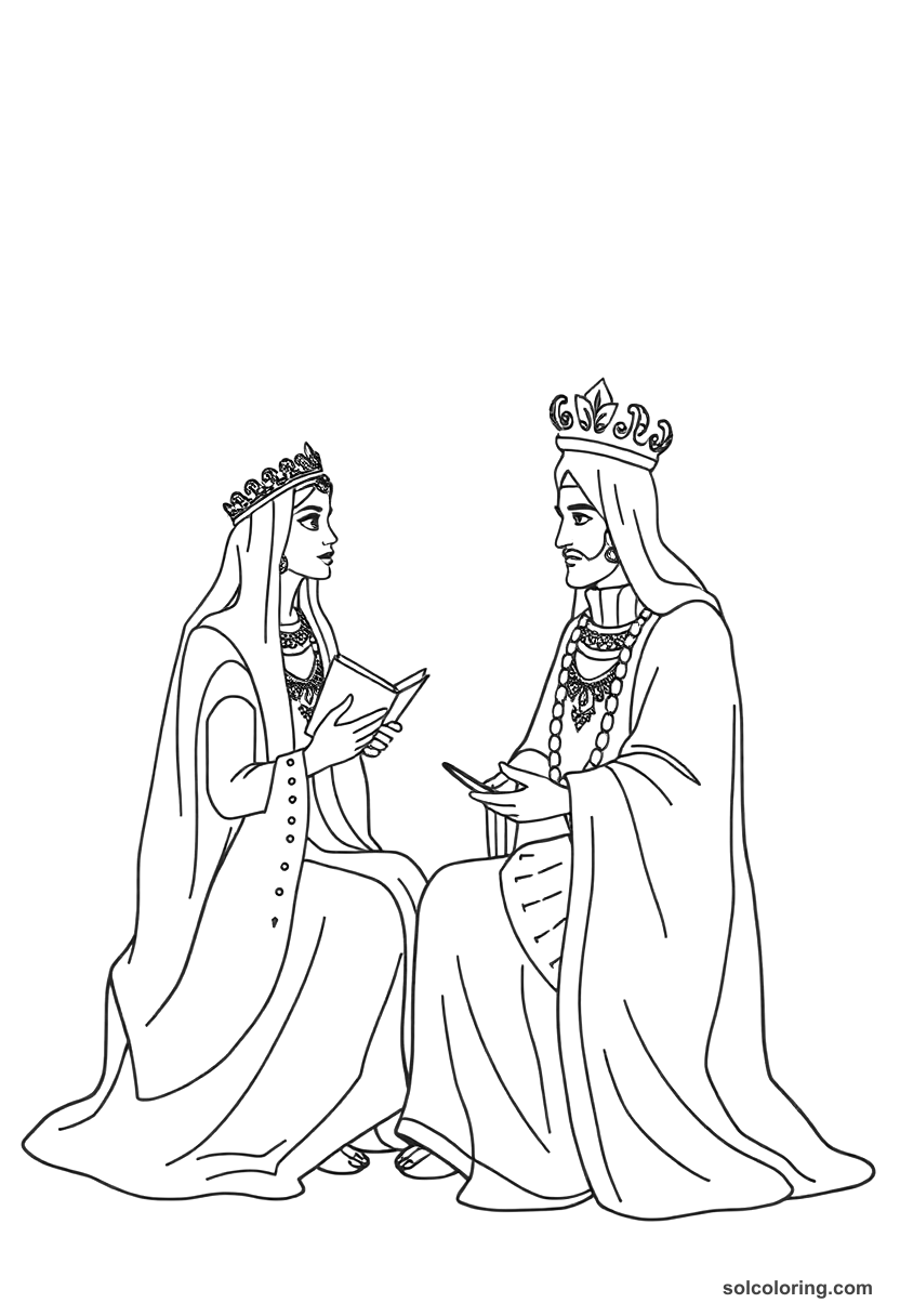 Simple Scheherazade telling stories to King Shahryar coloring page, free printable simple style