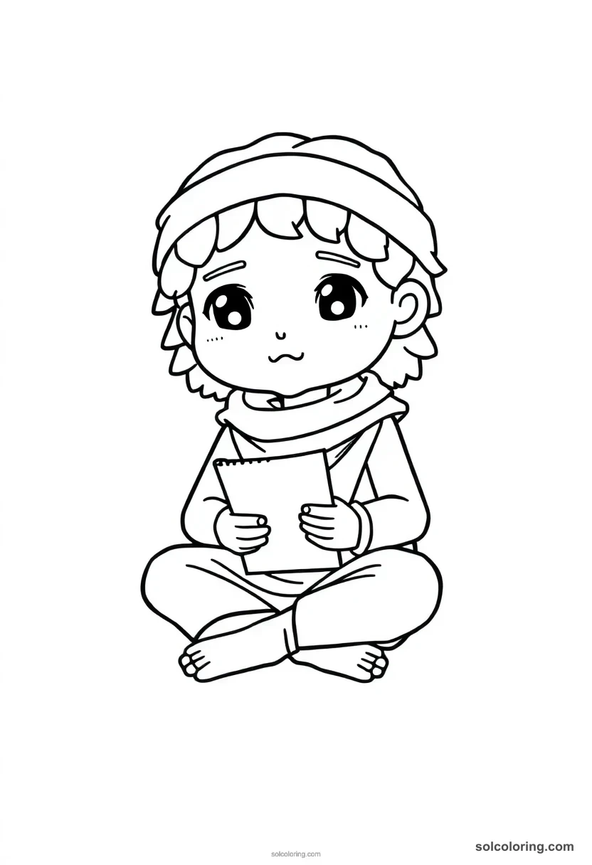 Chibi Scribe Seated Cross-Legged with Papyrus chibi coloring page for kids