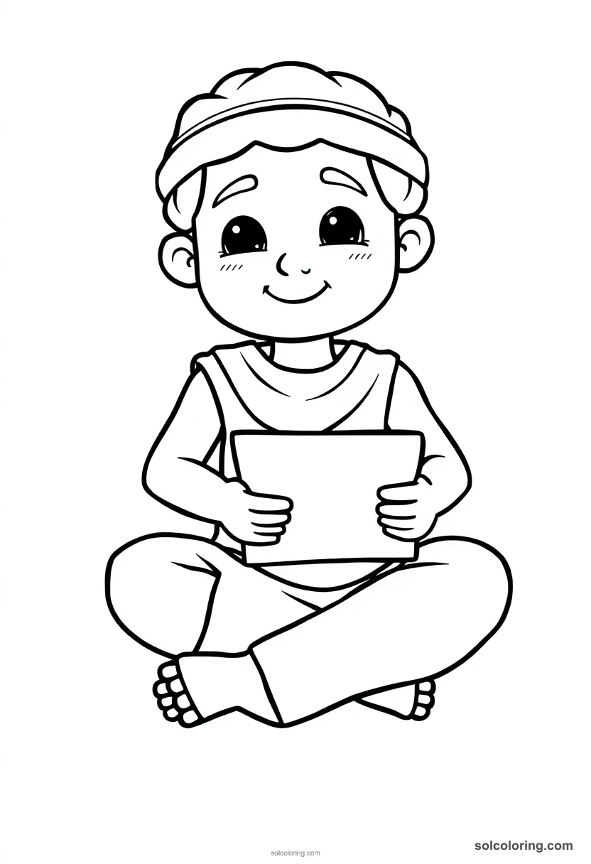 Cute Cartoon Scribe Seated Cross-Legged with Papyrus cute cartoon coloring page for kids