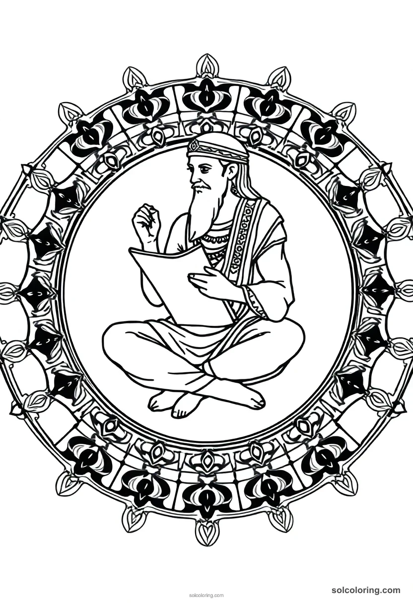 Mandala Scribe Seated Cross-Legged with Papyrus mandala coloring page for kids