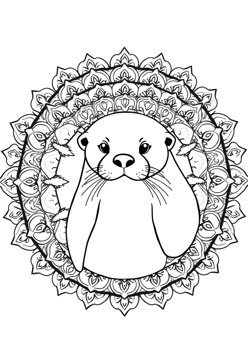 Sea otter coloring page with mandala patterns, featuring bold outlines of cute otter surrounded by decorative designs