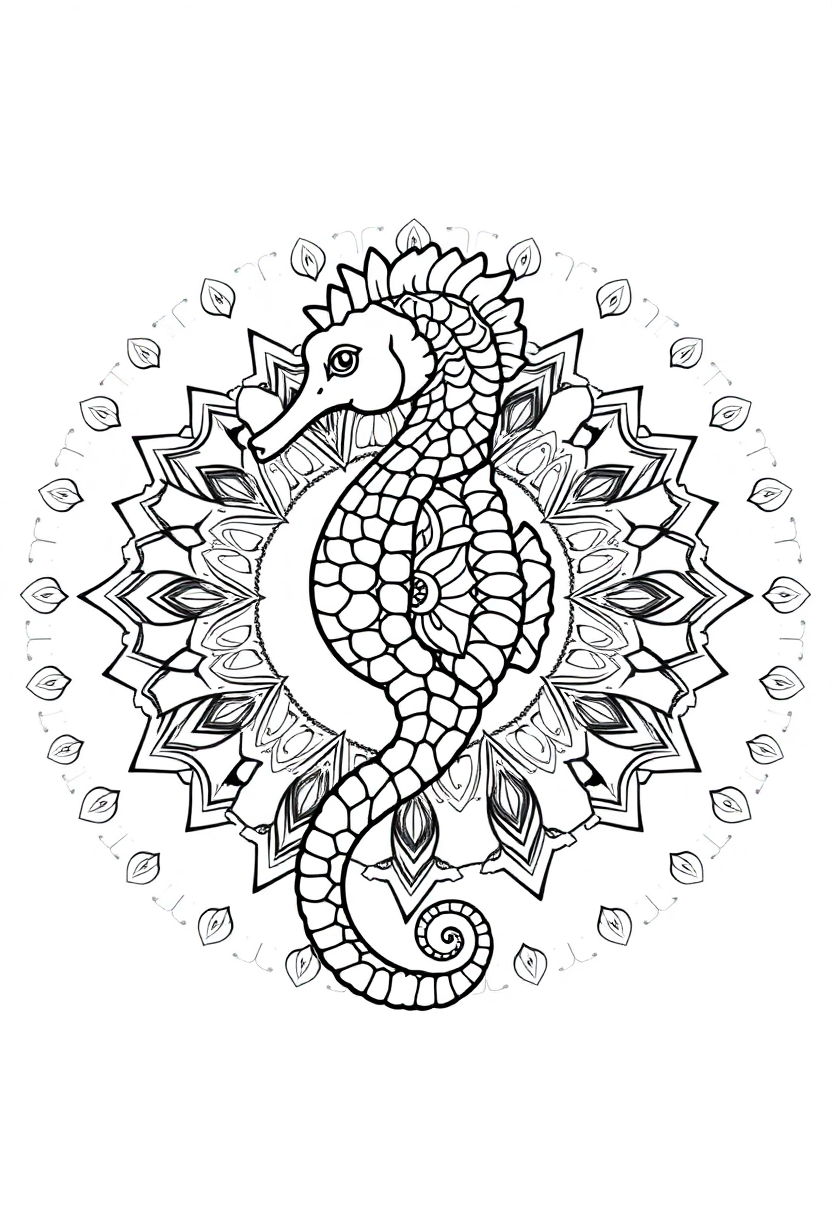 Seahorse mandala coloring page with intricate geometric patterns and bold outlines for printing