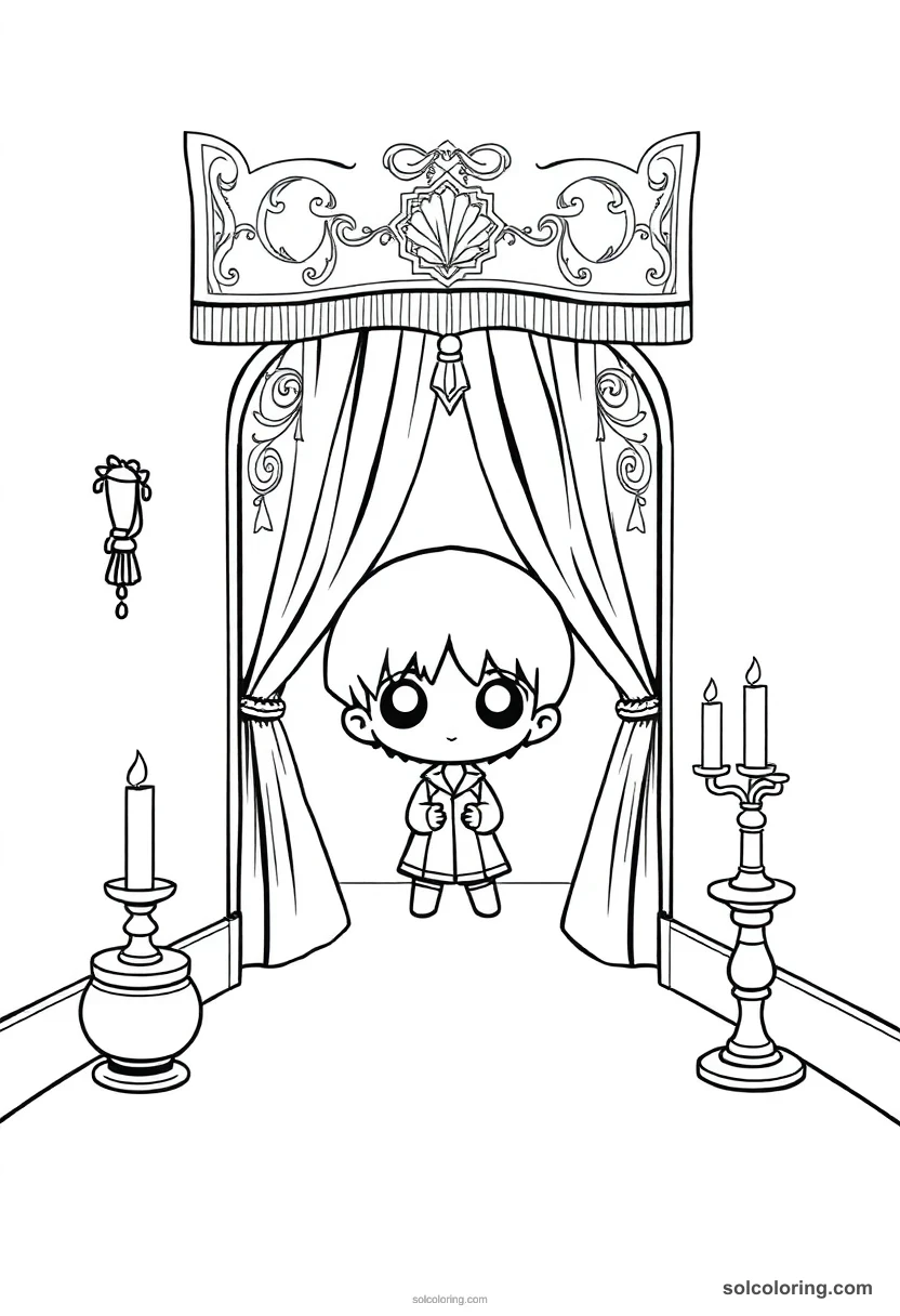 Chibi Secret Passage Hidden Behind a Tapestry in a Candlelit Hallway chibi coloring page for kids