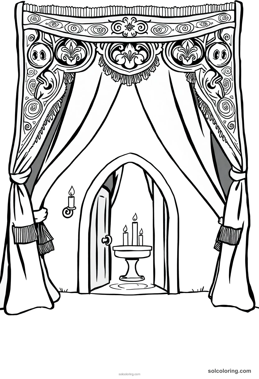 Cute Cartoon Secret Passage Hidden Behind a Tapestry in a Candlelit Hallway cute cartoon coloring page for kids