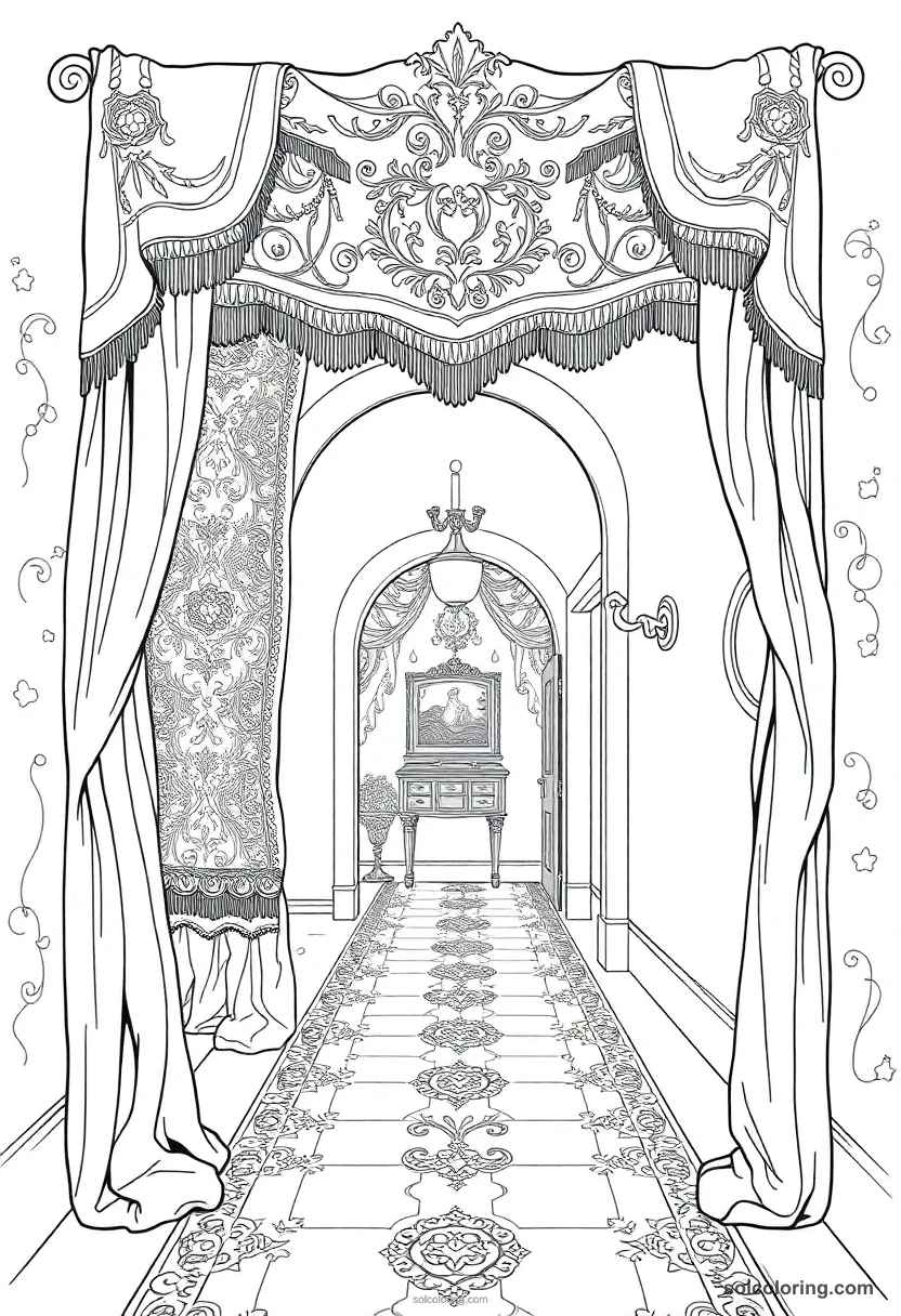 Secret Passage Hidden Behind a Tapestry in a Candlelit Hallway detailed coloring page for kids
