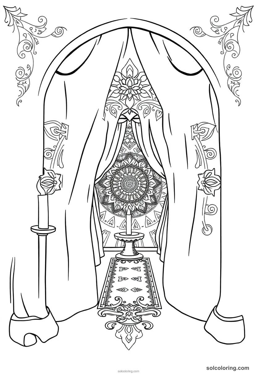 Mandala Secret Passage Hidden Behind a Tapestry in a Candlelit Hallway mandala coloring page for kids