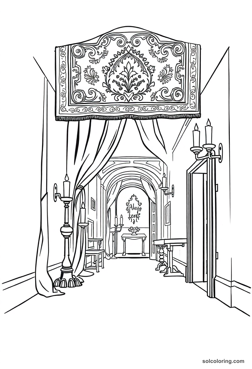 Secret passage coloring page showing tapestry hiding doorway in candlelit stone hallway with bold outlines