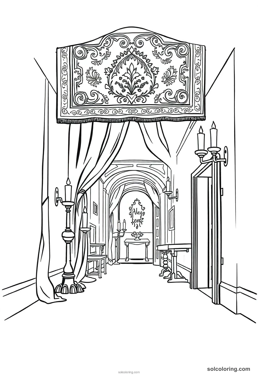Secret Passage Hidden Behind A Tapestry In A Candlelit Hallway coloring pages
