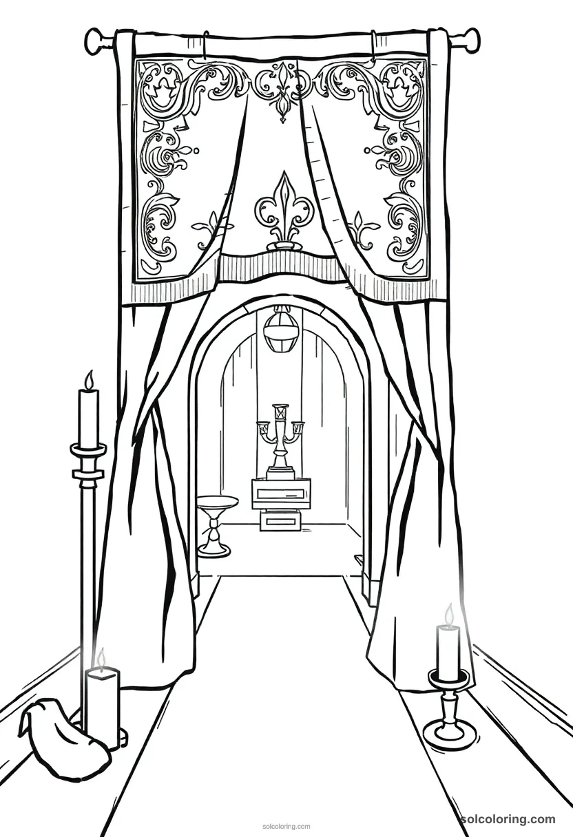 Simple Secret Passage Hidden Behind a Tapestry in a Candlelit Hallway simple coloring page for kids