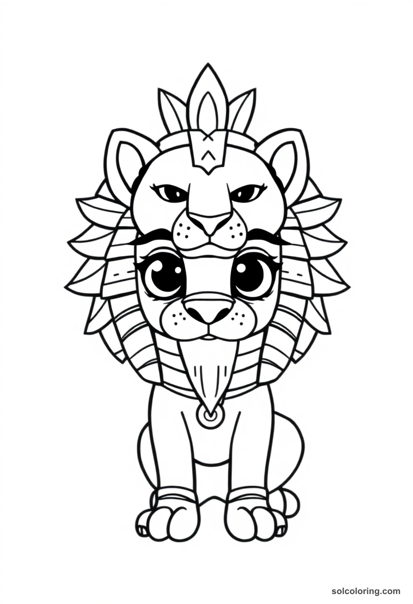 Cute cartoon Sekhmet coloring page showing friendly lion-headed Egyptian warrior goddess with bold outlines for kids