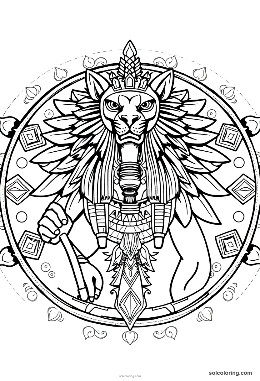 Sekhmet the Lion Headed Warrior mandala coloring page for kids