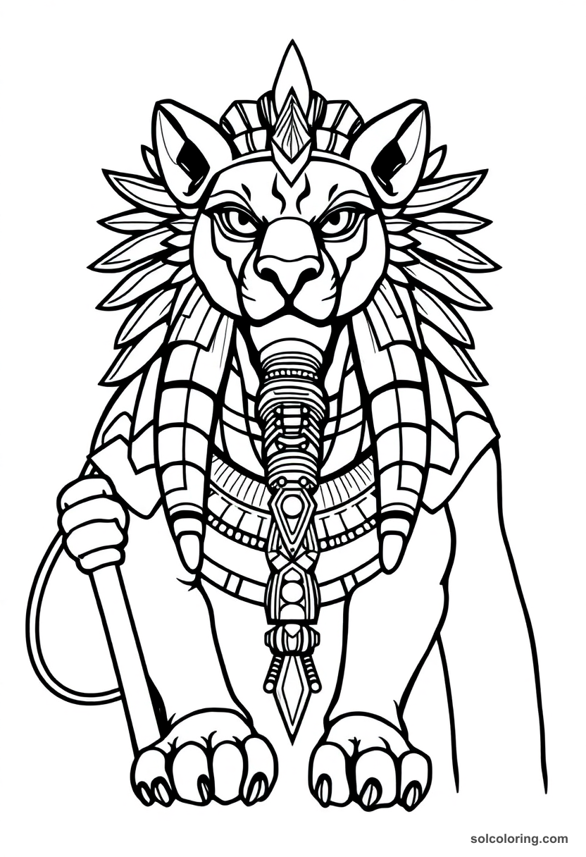 Sekhmet Egyptian lion-headed goddess warrior coloring page with hieroglyphics and detailed ancient costume outlines
