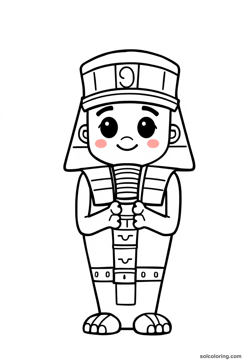 Cute cartoon shabti funerary figurine coloring page with bold outlines, showing friendly Egyptian burial figure for kids