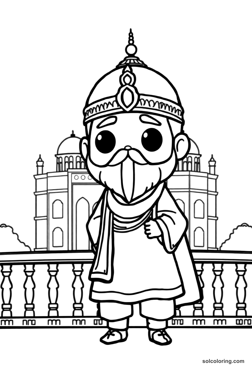 Chibi Shah Jahan Overseeing the Taj Mahal coloring page, free printable chibi style