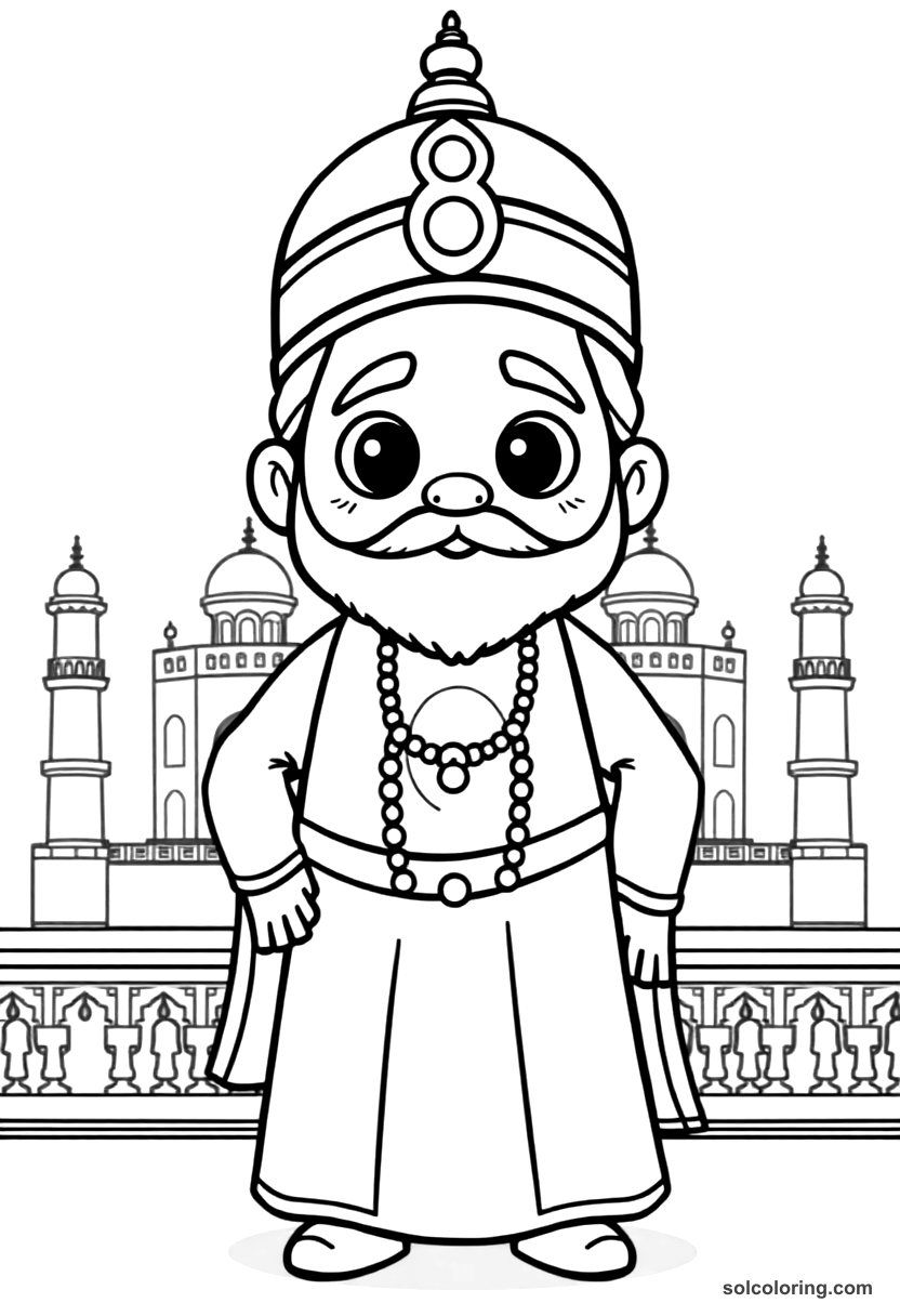 Cute Cartoon Shah Jahan Overseeing the Taj Mahal coloring page, free printable cute cartoon style