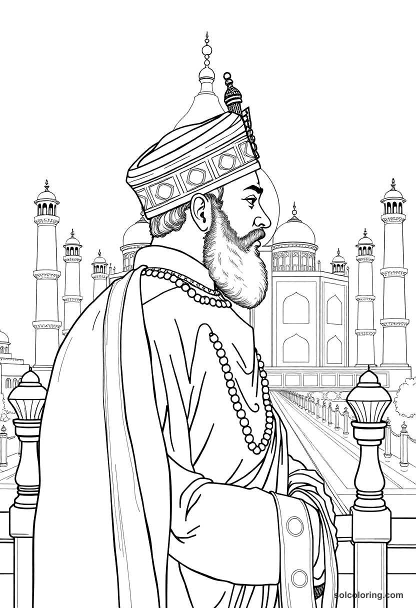 Shah Jahan Overseeing the Taj Mahal coloring page, free printable detailed style