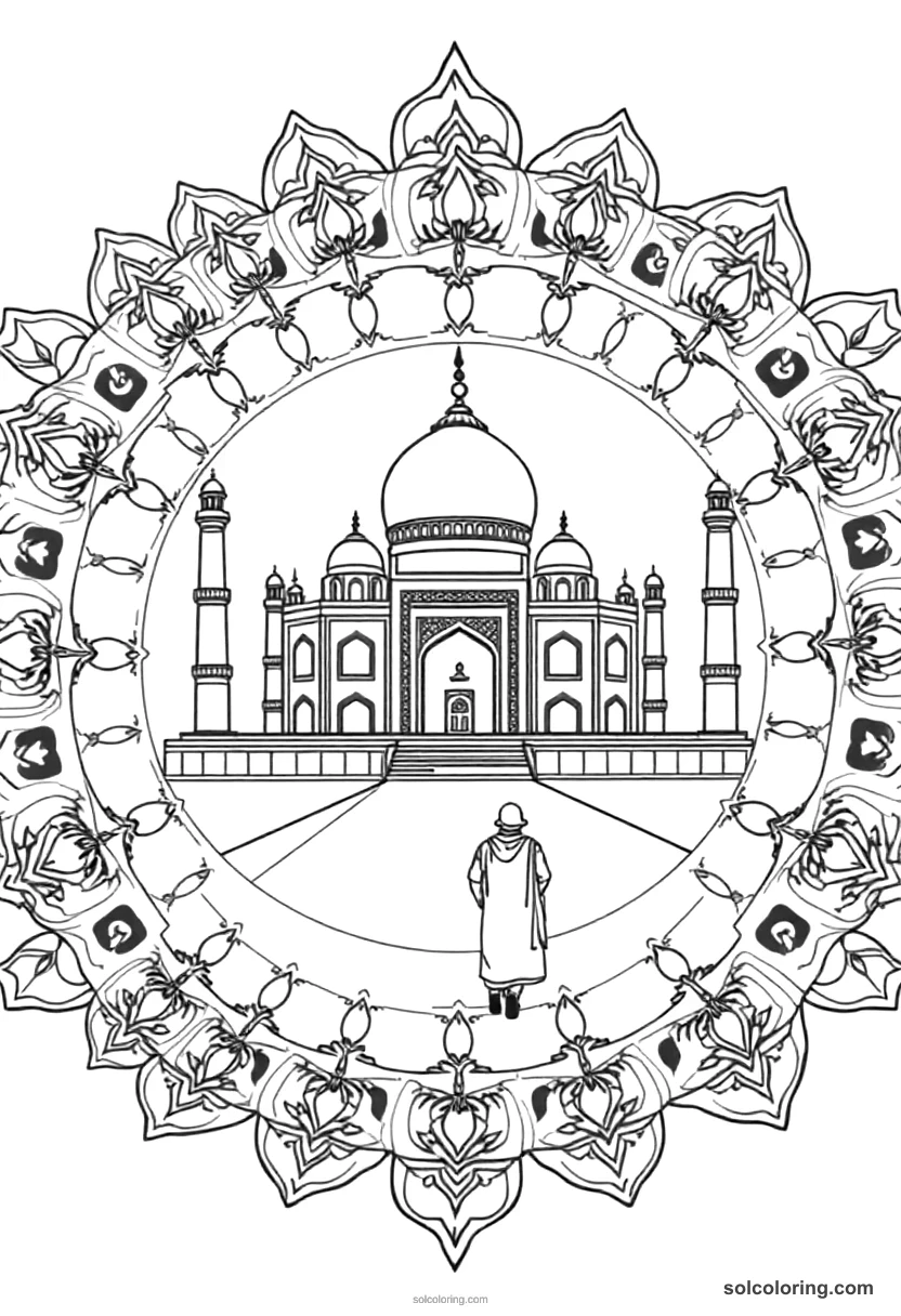 Mandala Shah Jahan Overseeing the Taj Mahal mandala coloring page for kids