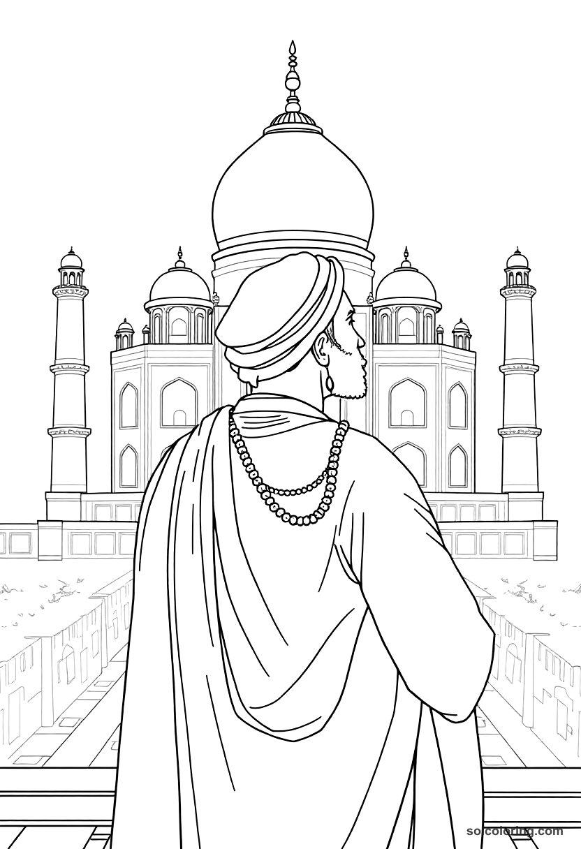 Shah Jahan Overseeing the Taj Mahal coloring page, free printable realistic style