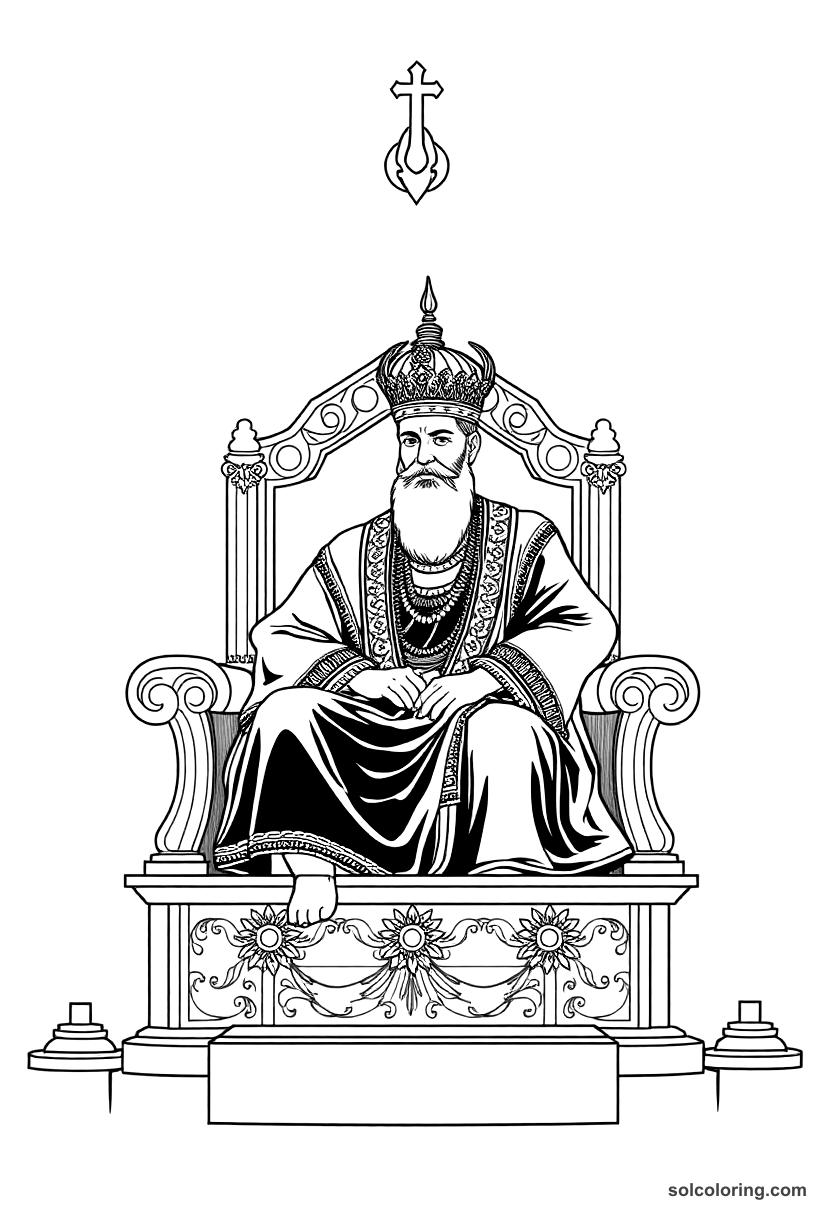 Shahryar on his royal throne coloring page, free printable detailed style
