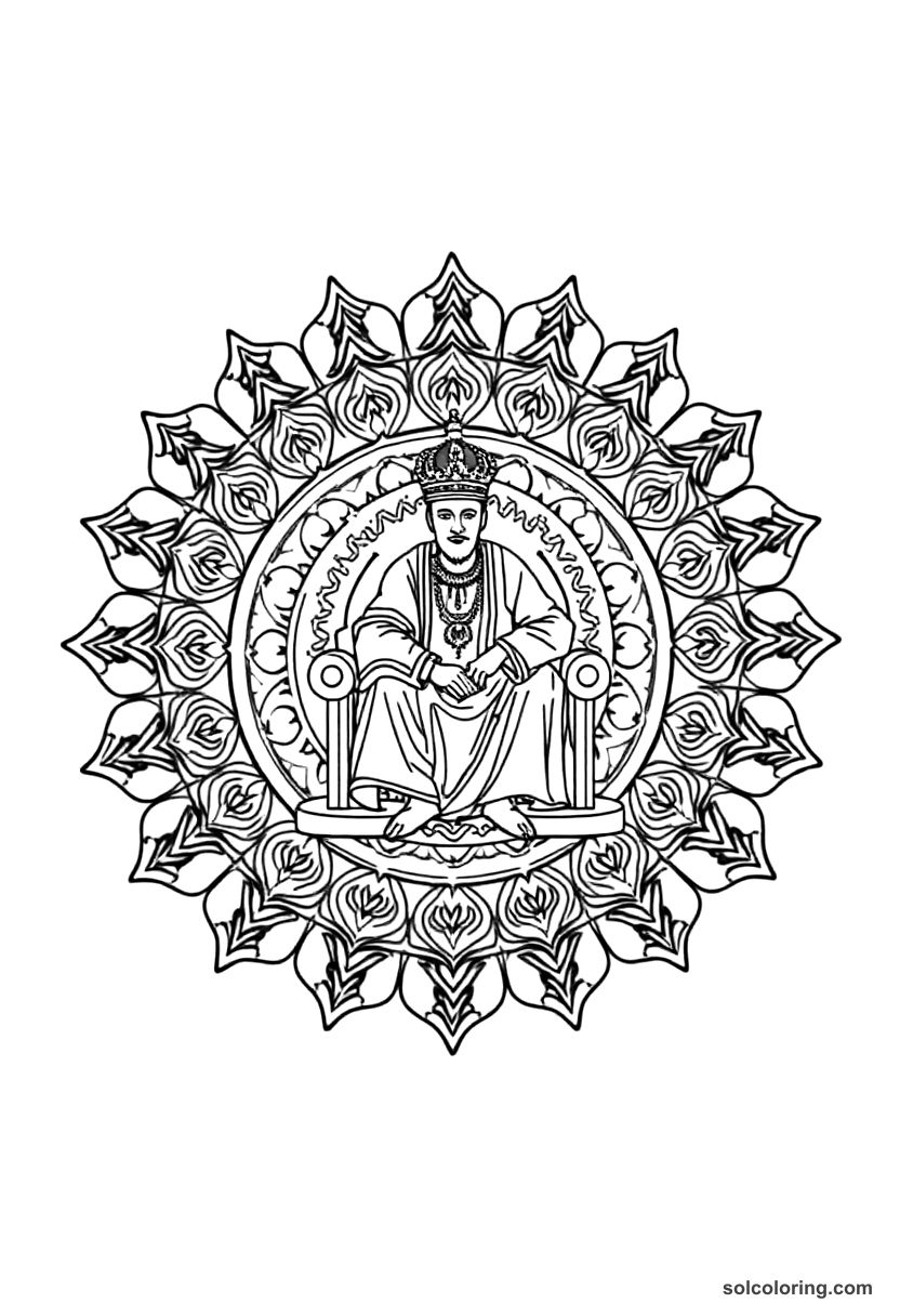 Mandala Shahryar on his royal throne coloring page, free printable mandala style