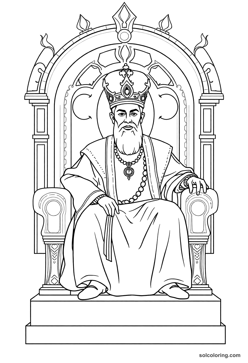 Simple Shahryar on his royal throne coloring page, free printable simple style