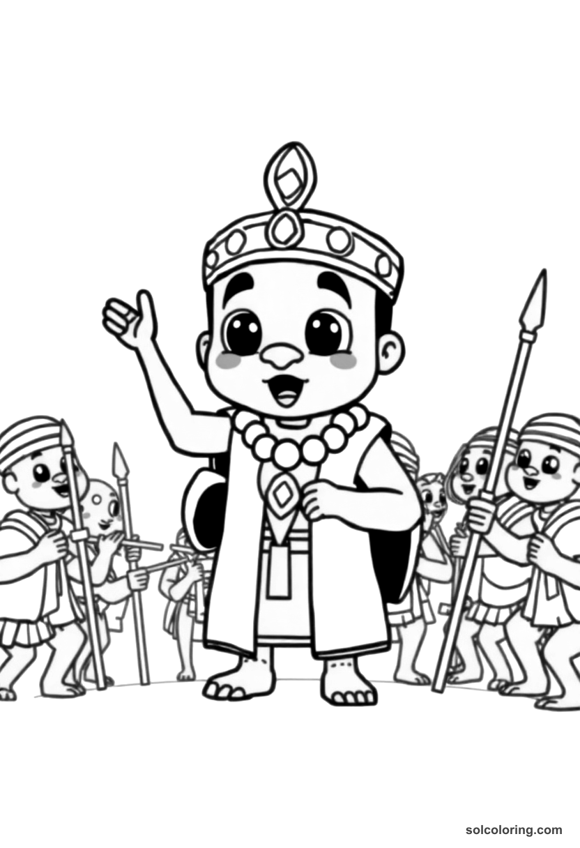 Cute Cartoon Shaka Zulu Addressing His Warriors coloring page, free printable cute cartoon style