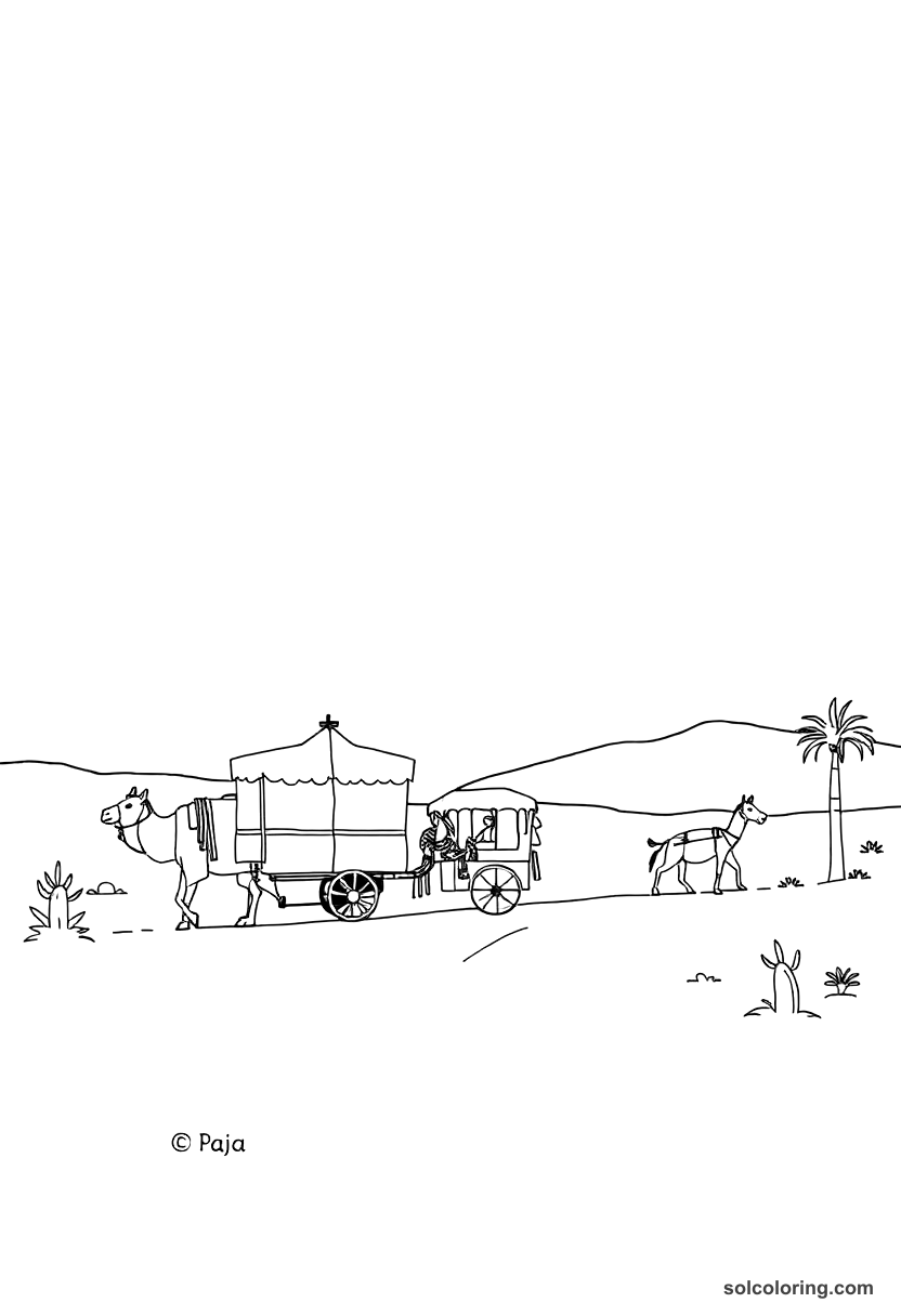 Simple Silk Road Caravan at an Oasis coloring page, free printable simple style