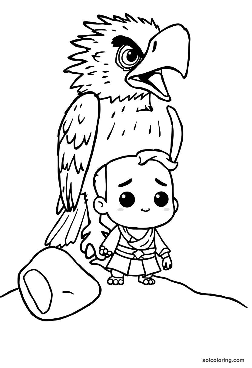 Chibi Sinbad discovering the giant Roc bird coloring page, free printable chibi style
