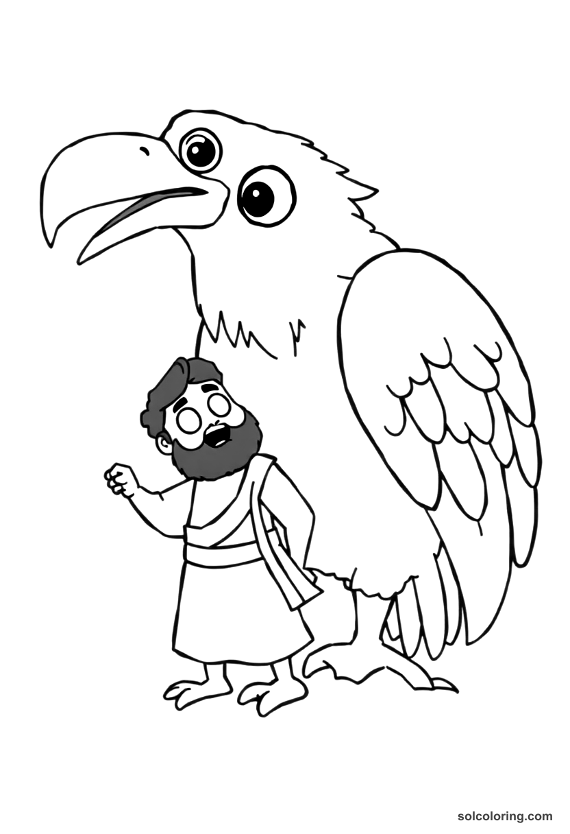 Cute Cartoon Sinbad discovering the giant Roc bird coloring page, free printable cute cartoon style