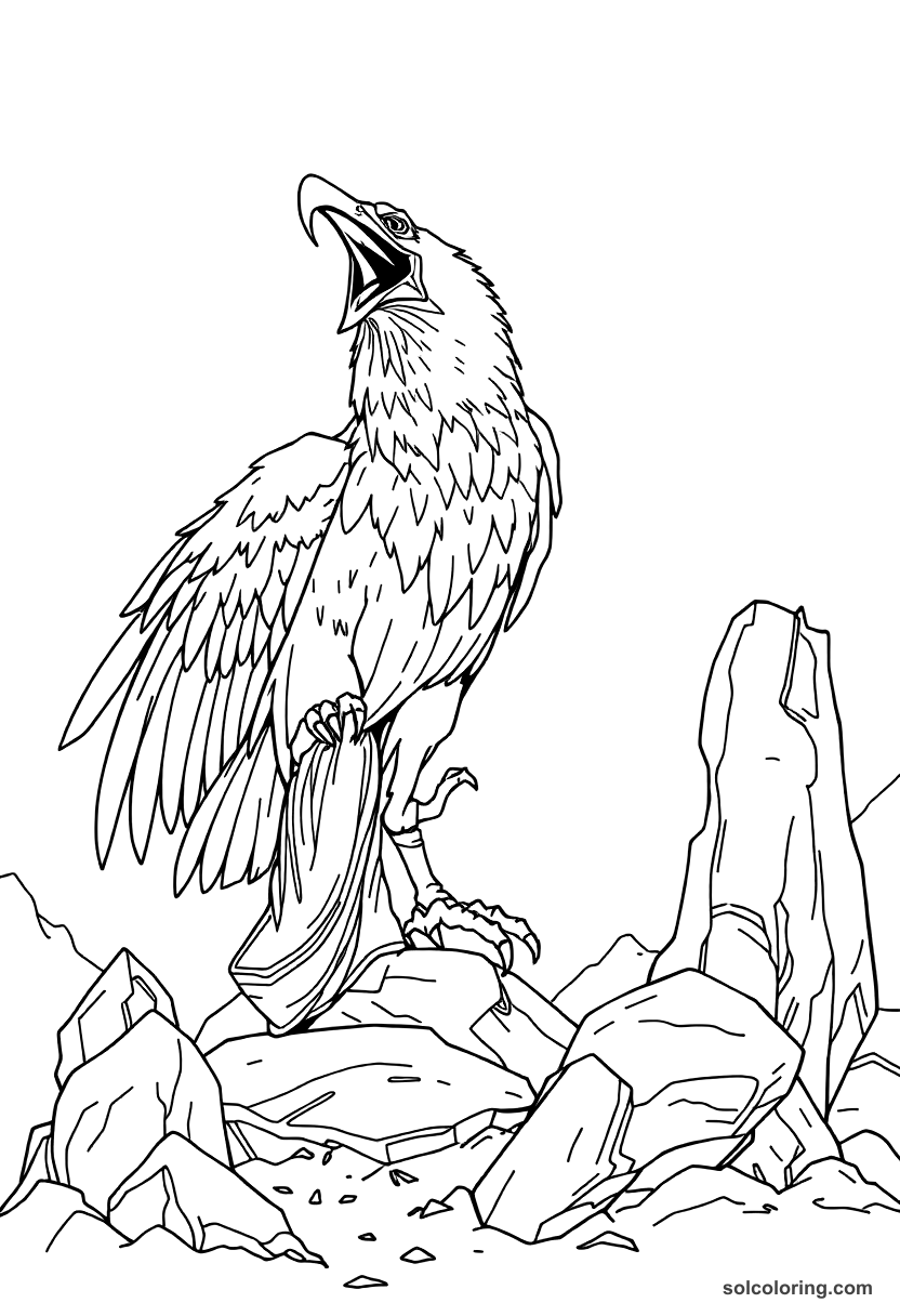 Sinbad discovering the giant Roc bird coloring page, free printable detailed style