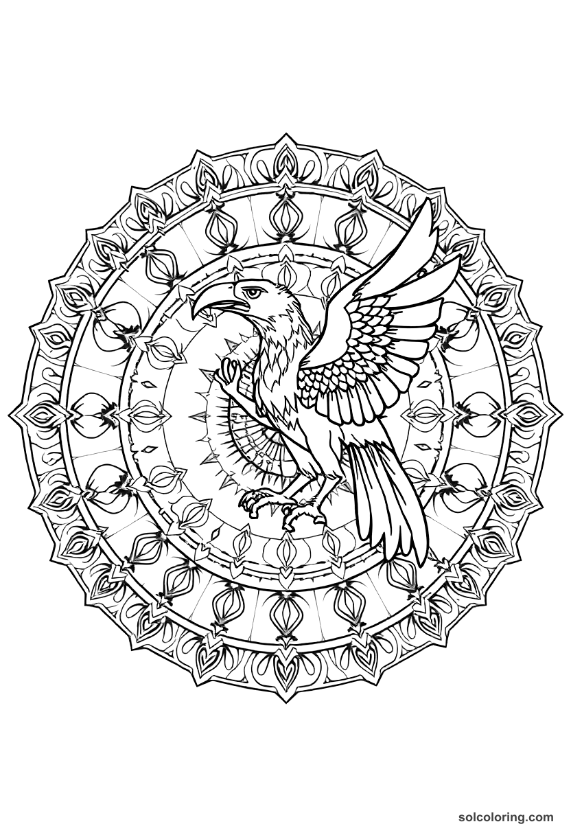 Mandala Sinbad discovering the giant Roc bird coloring page, free printable mandala style