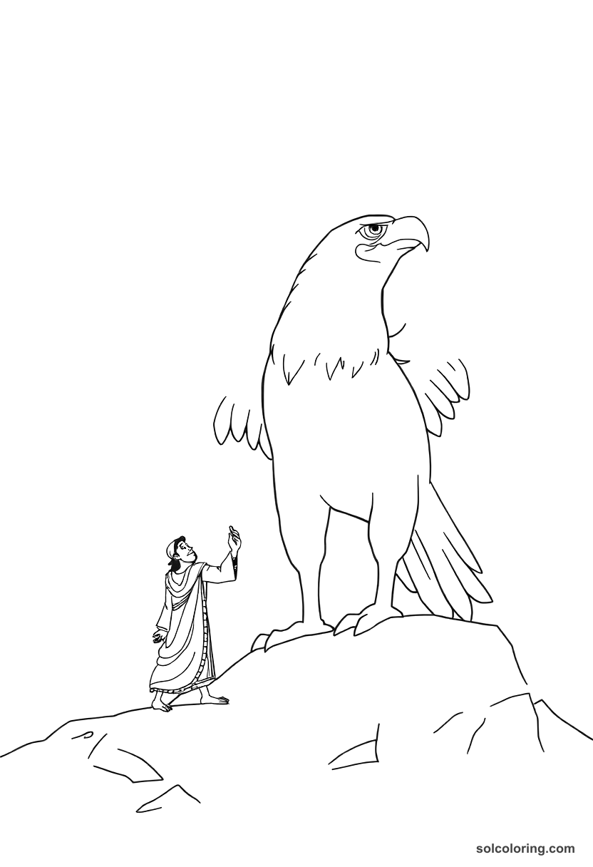 Simple Sinbad discovering the giant Roc bird coloring page, free printable simple style