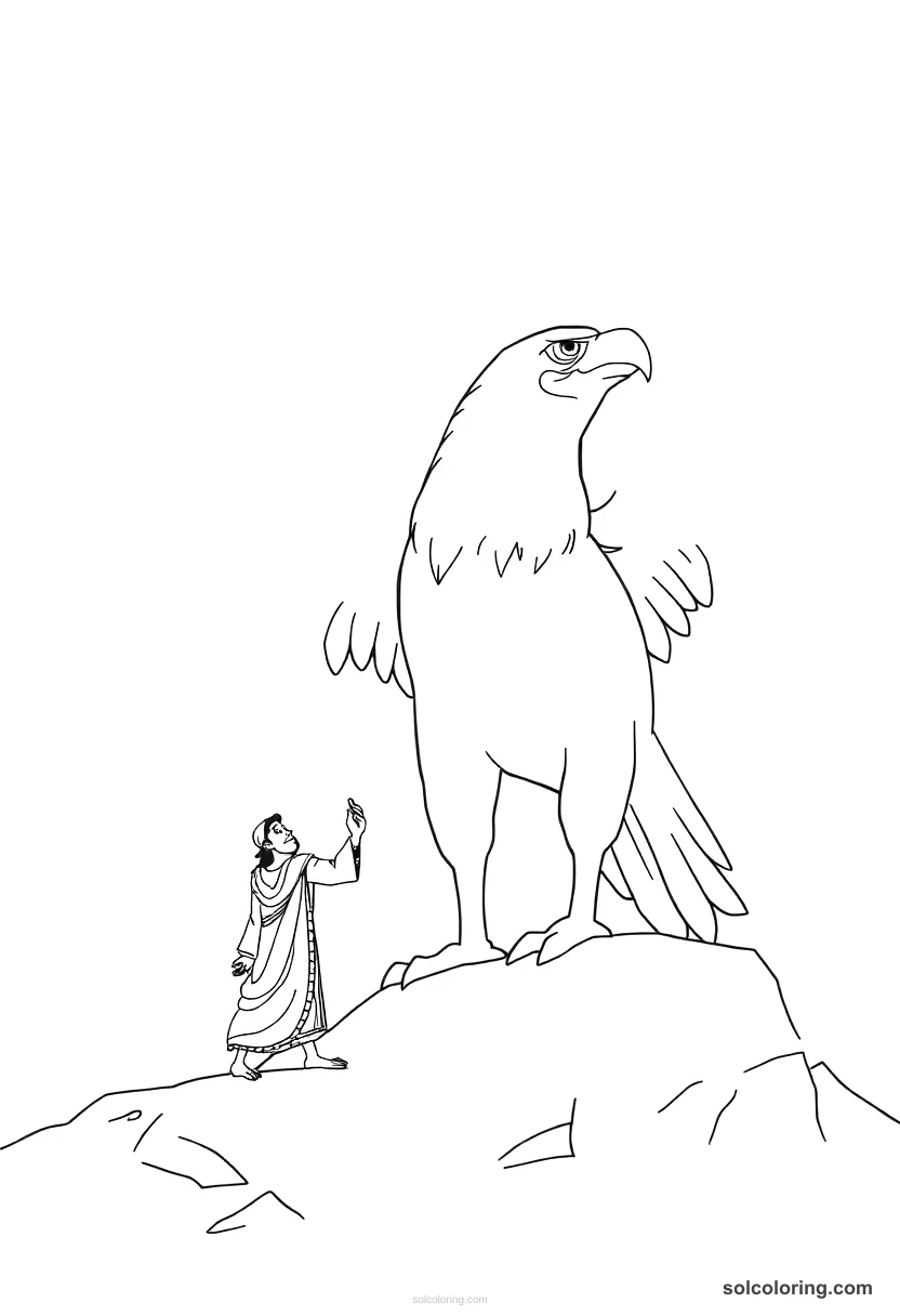 Simple Sinbad discovering the giant Roc bird simple coloring page for kids