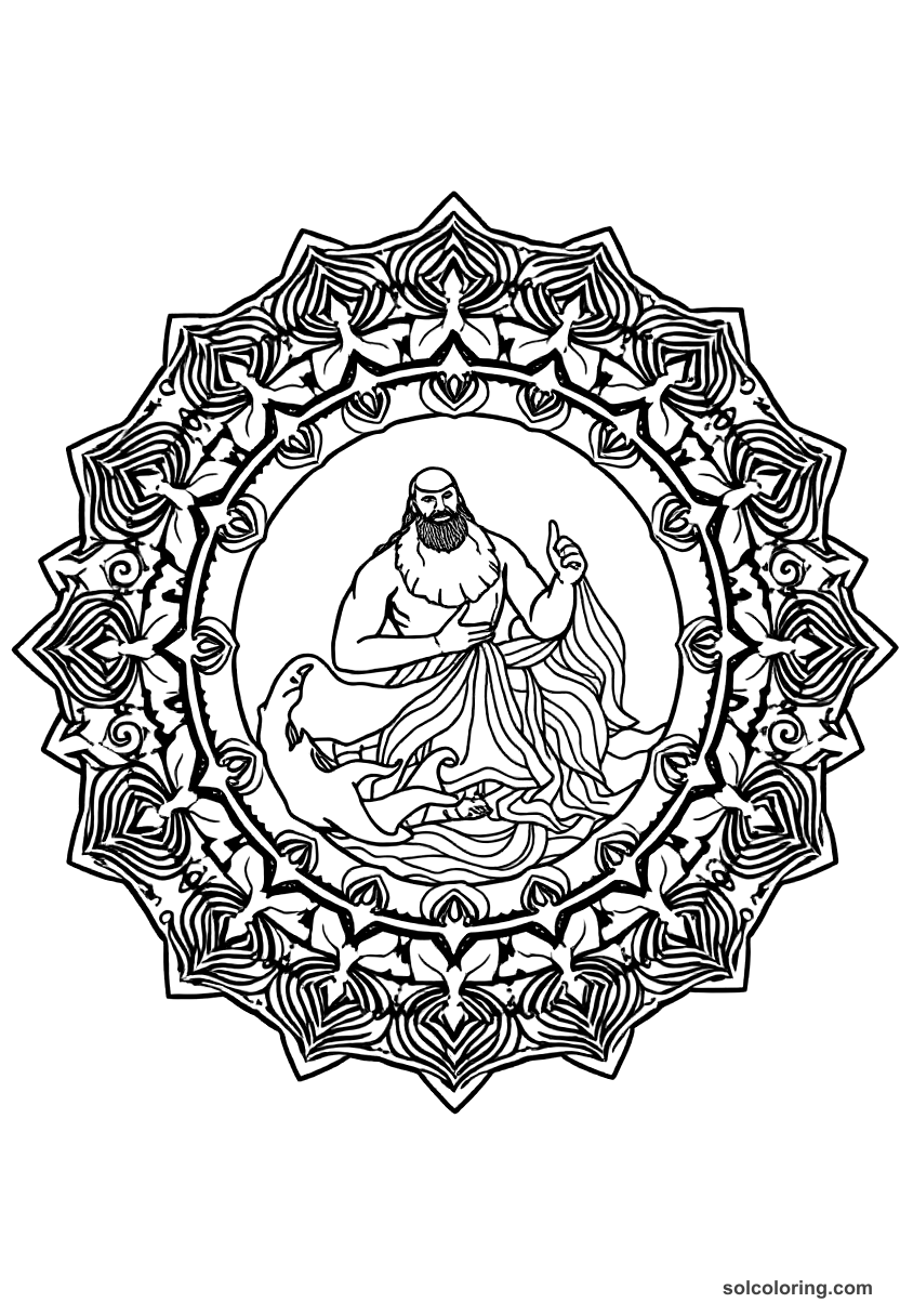 Mandala Sinbad meeting the Old Man of the Sea coloring page, free printable mandala style