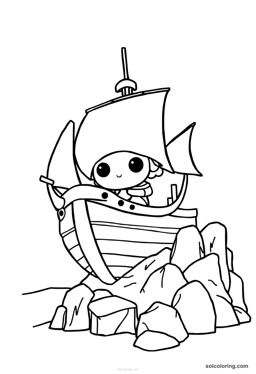 Chibi Sinbad's ship wrecked on a rocky island chibi coloring page for kids