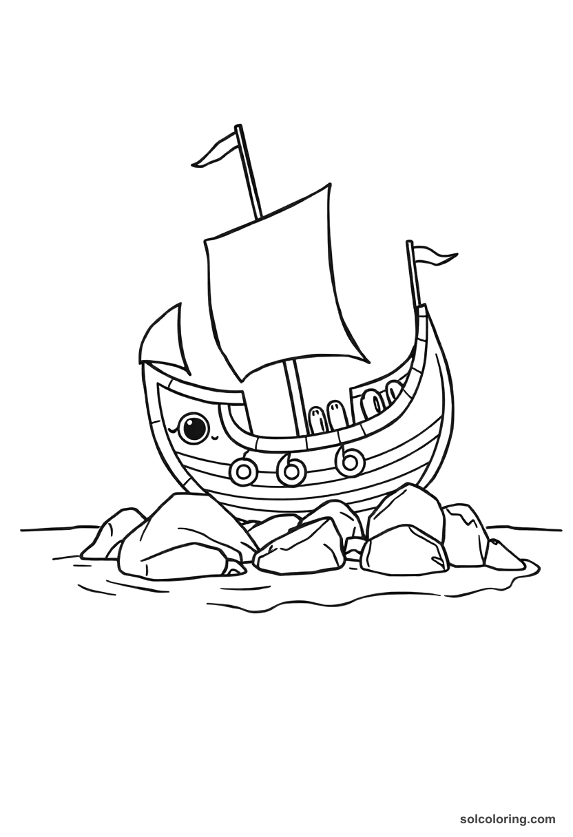 Cute Cartoon Sinbad's ship wrecked on a rocky island coloring page, free printable cute cartoon style