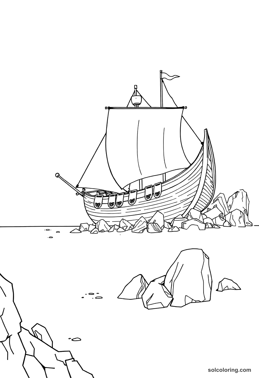 Sinbad's ship wrecked on a rocky island coloring page, free printable detailed style