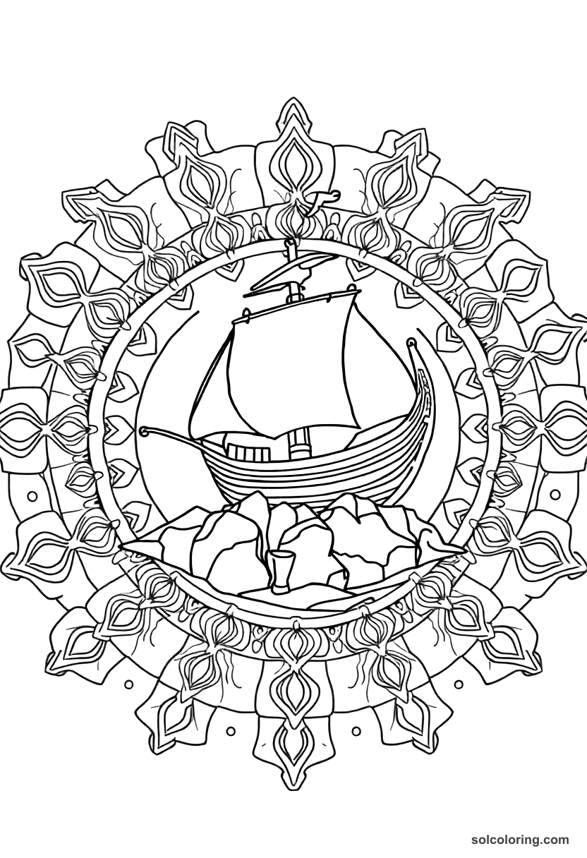 Mandala Sinbad's ship wrecked on a rocky island coloring page, free printable mandala style
